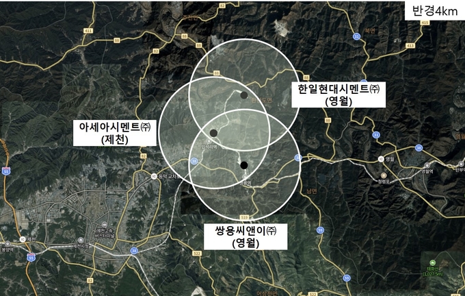 영월(현대, 쌍용), 제천(아세아) 지역, 3개 공장이 밀집하여 영향권(반경 4km)이 중첩. (사진 = 국립환경과학원) 
